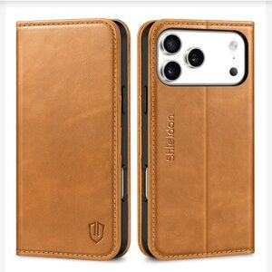 iPhone 17 Pro Max Genuine Leather Wallet Case w/RFID-Blocking Card Holder-BROWN